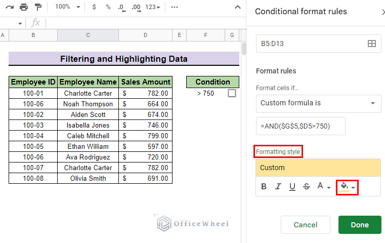 select custom formatting options