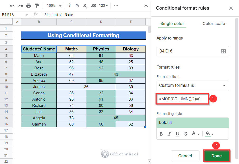 Applying Conditional Formatting Option to mark out merged cells in google sheets