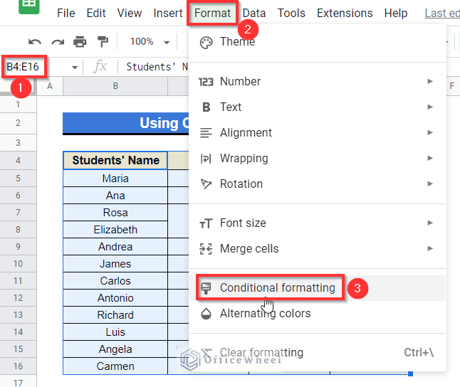 Applying Conditional Formatting Option to highlight merged cells in google sheets