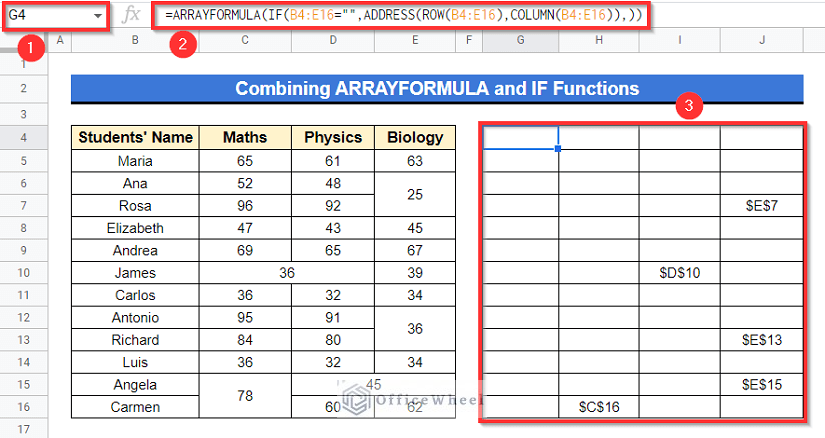 Combining ARRAYFORMULA and IF Functions to find merged cells in google sheets
