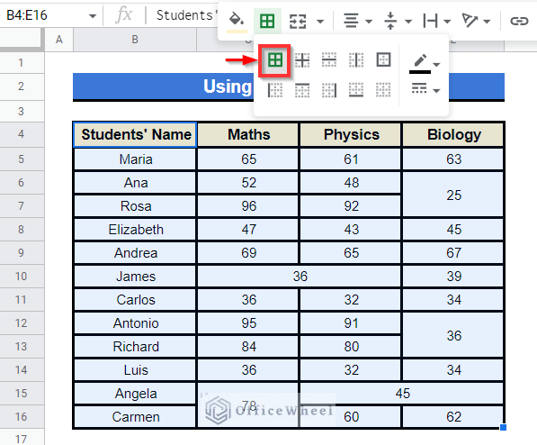 Using Borders Menu to highlight merged cells in google sheets