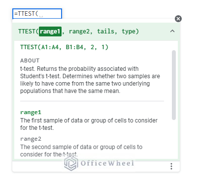TTEST syntax for how to find p-value in google sheets
