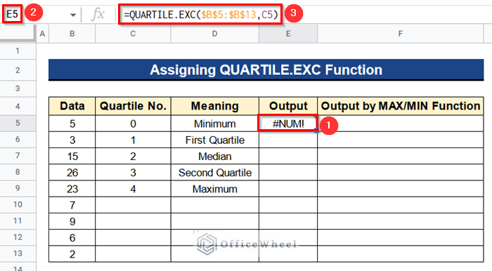 How to Find Quartiles in Google Sheets Assigning QUARTILE.EXC Function