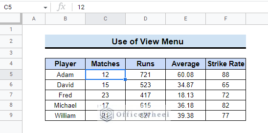 Using Top Menu to freeze specific columns in google sheets