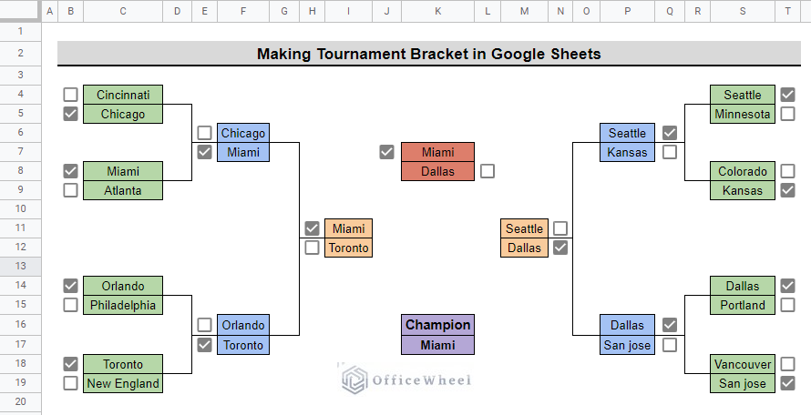 tournament bracket with 16 teams in google sheets