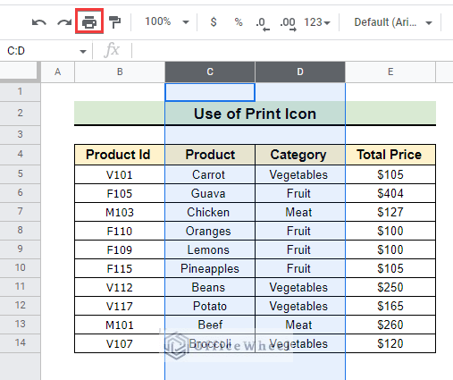 Clicking on Print Icon to print certain columns in Google Sheets
