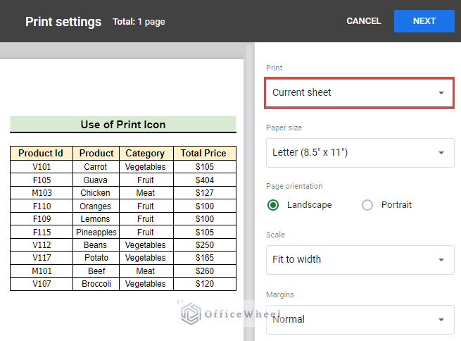 Use of print icon to print certain columns