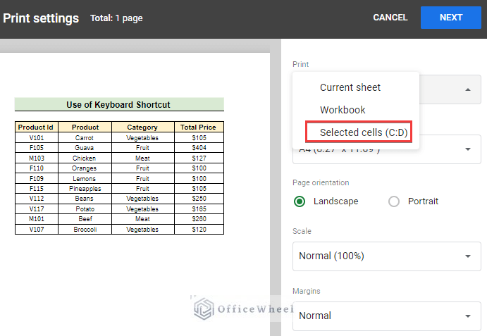 Changing the Print option to Selected cells