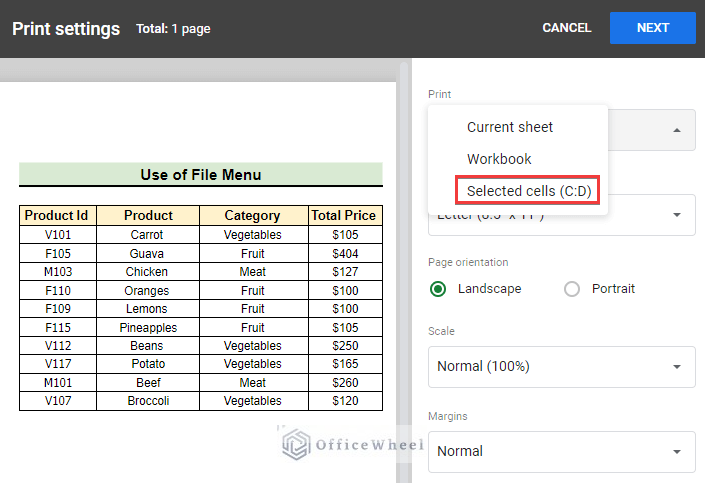 Changing the Print option to Selected cells