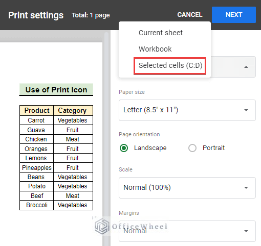 Changing the Print option to Selected cells