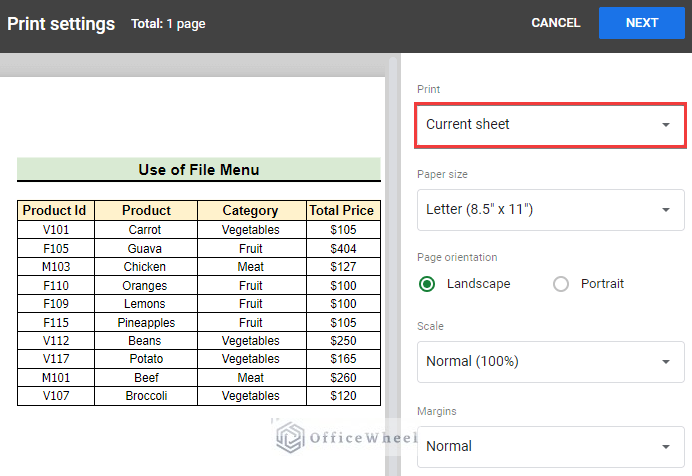 Use of file menu to print certain columns