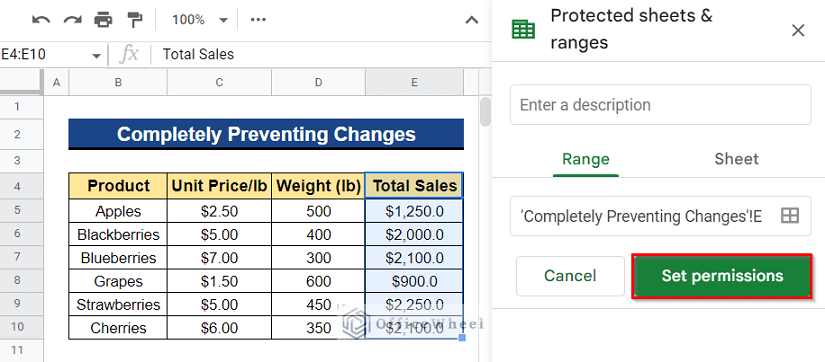 Set Permission for the Selected Cell Range