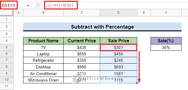 alternative formula of subtract percentage in google sheets