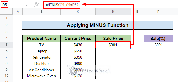 outcome of how to subtract a percentage in google sheets