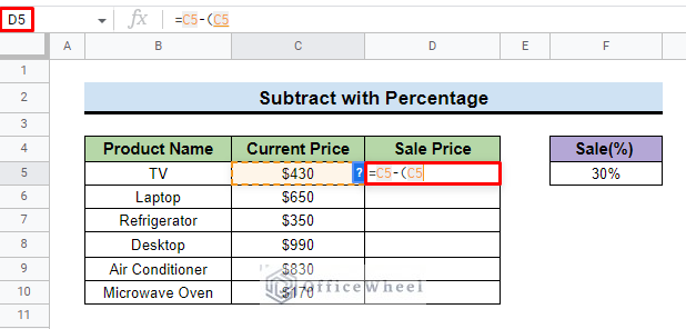 input cell reference in subtraction formula
