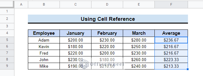 Using the AVERAGE function in Google Sheets
