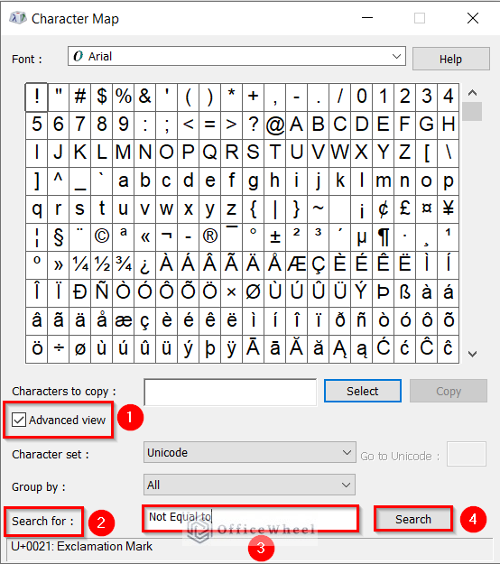 Search for Not Equal to Symbol in Character Map