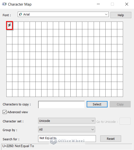 Selecting Not Equal to Symbol from Character Map Search Result