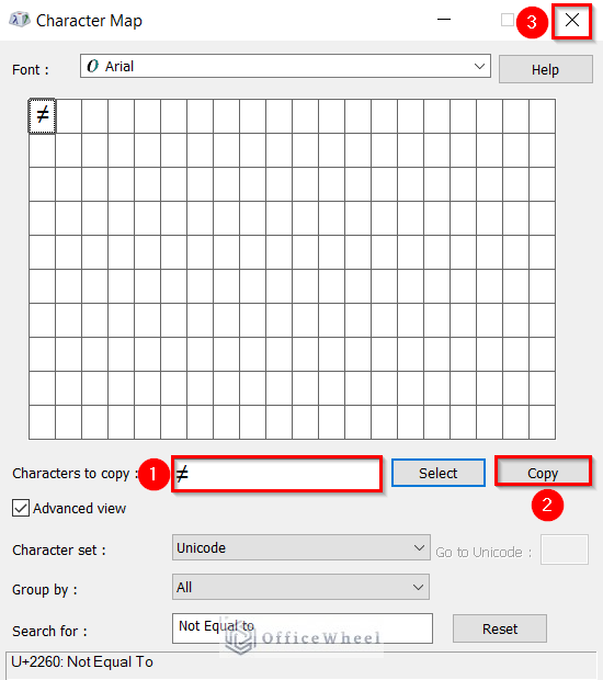 Copying Not Equal to Symbol from Character map