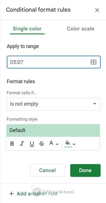 Sidebar for applying Conditional Formatting