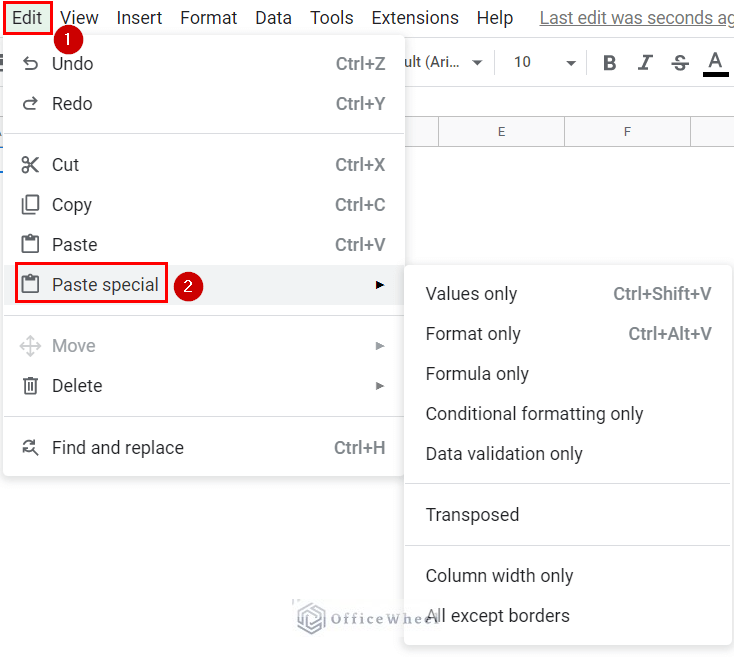 finding paste special options from the top menu bar option Edit