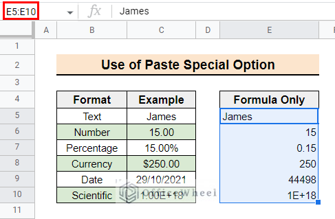 Output of selecting option formula only