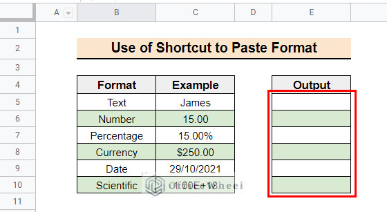 The output of paste special shortcut