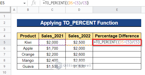 Applying TO_PERCENT Function to Calculate Percentage Difference Between Two Numbers in Google Sheets