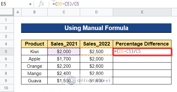 Using Manual Formula to Calculate Percentage Difference Between Two Numbers in Google Sheets