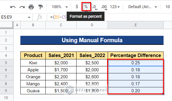 Selecting Format as percent icon
