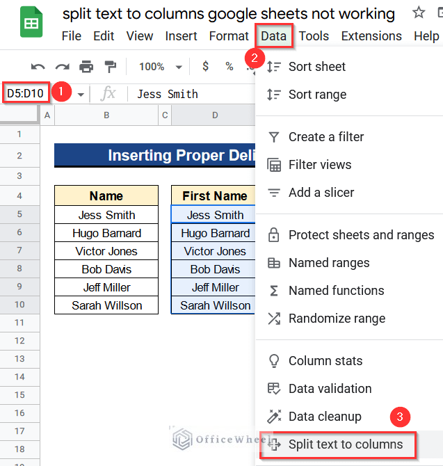 Selecting Split Text to Columns Tool in Google Sheets