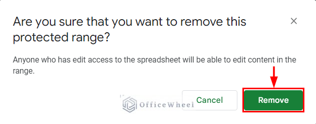 Pop-up box showing the confirmation message to remove the protection