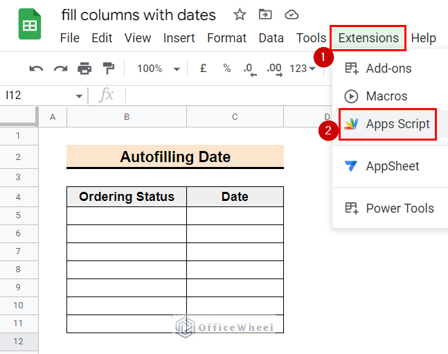 selecting options to open Apps Script
