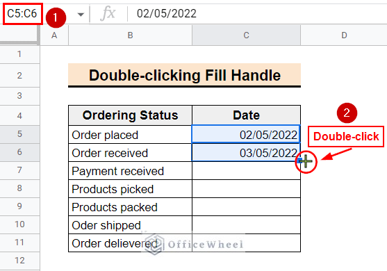 double click on the fill handle tool to fill column with dates in google sheets
