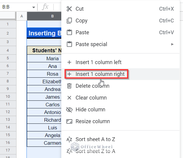 Right-click on column to insert blank column to the left or right side of the right-clicked column